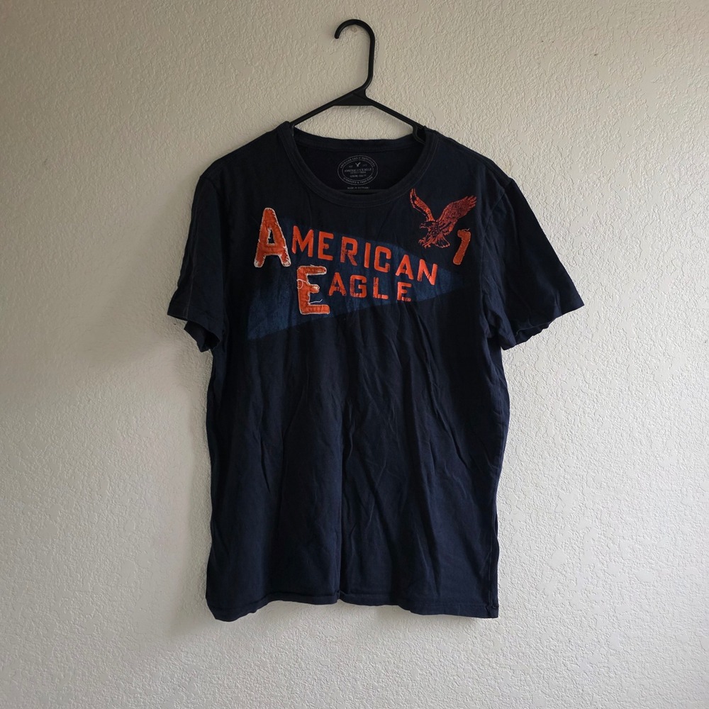 American Eagle Mens Navy Blue Graphic T-Shirt Size M Athletic Fit Logo